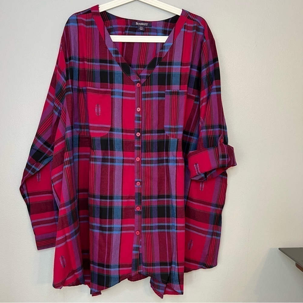 Roaman's Women's Button Up Shirt Tunic Plaid Roll Tab V Neck 22 Asymmetrical Hem